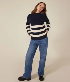 Petit Bateau Homewear|Streifenshirts, Pullover, Cardigans*Damen-Pullover aus Baumwolle blau SMOKING/ AVALANCHE