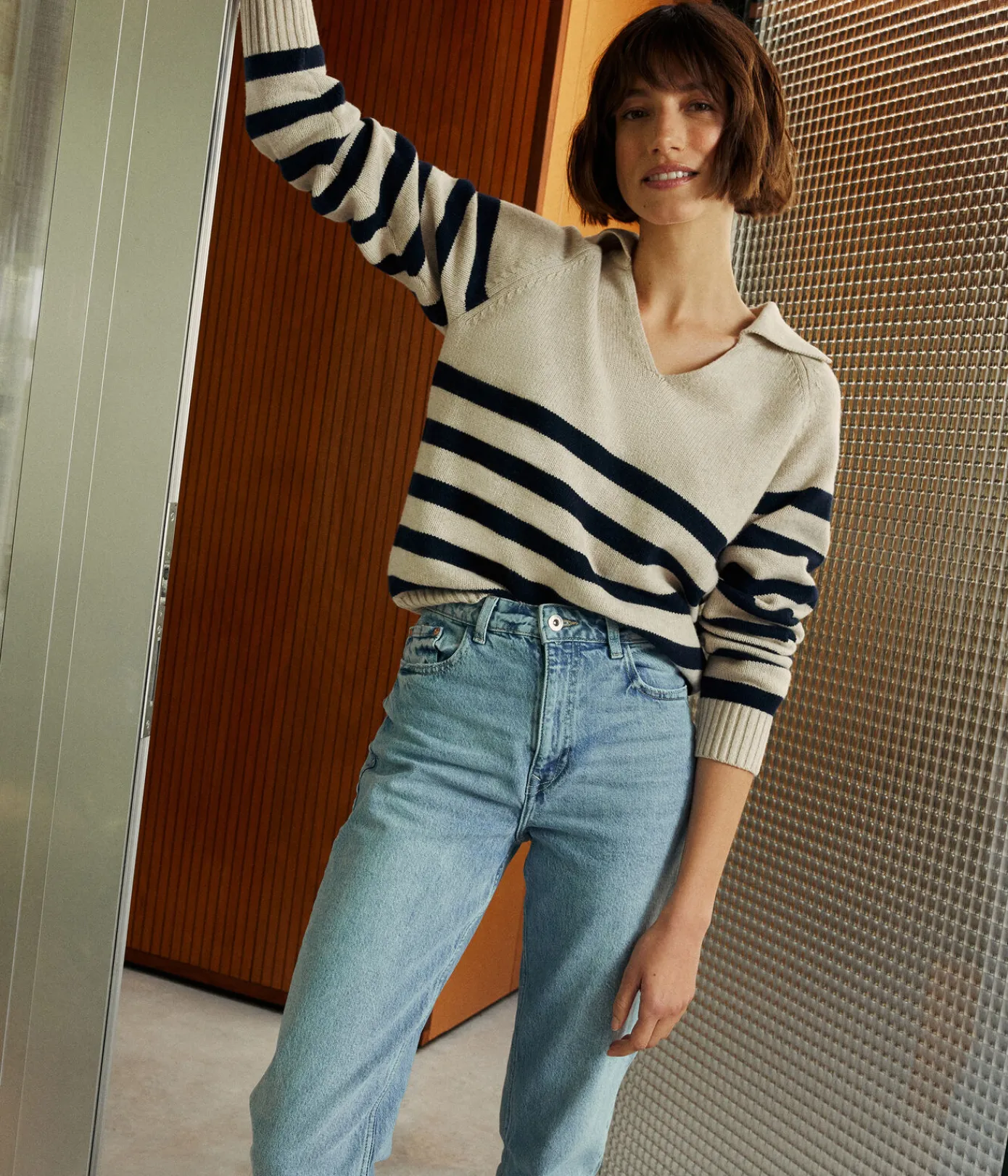 Petit Bateau Streifenshirts, Pullover, Cardigans*Damen-Pullover aus Wolle und Baumwolle weiss AVALANCHE/blau SMOKING