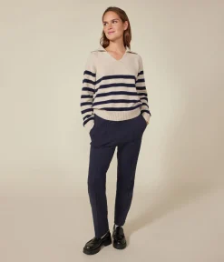 Petit Bateau Streifenshirts, Pullover, Cardigans*Damen-Pullover aus Wolle und Baumwolle weiss AVALANCHE/blau SMOKING