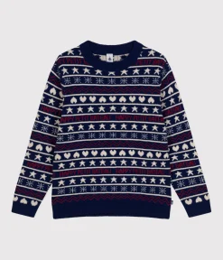 Petit Bateau Homewear|Streifenshirts, Pullover, Cardigans*Damen-Pullover aus Woll-und Baumwolljacquard blau MEDIEVAL/weiss MULTICO