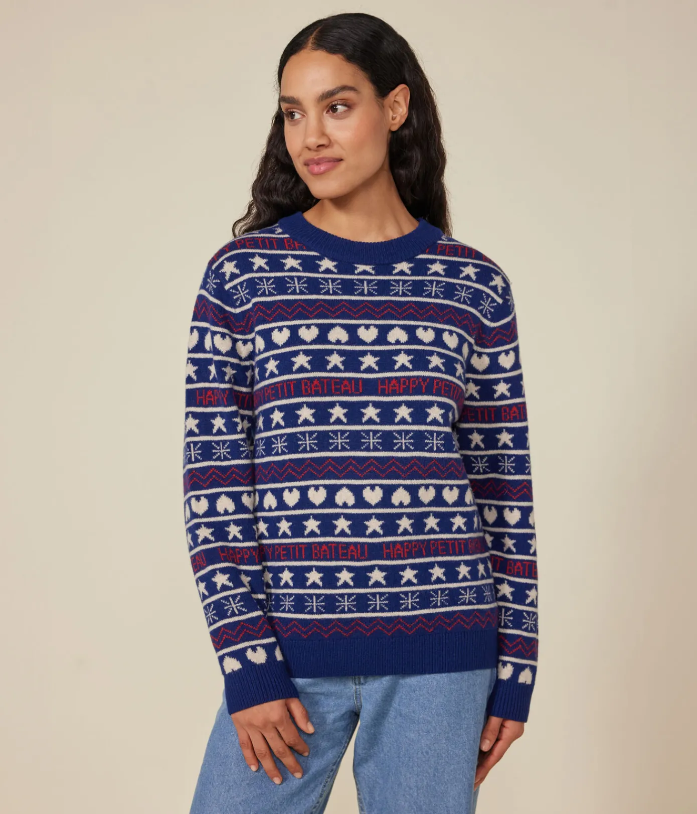 Petit Bateau Homewear|Streifenshirts, Pullover, Cardigans*Damen-Pullover aus Woll-und Baumwolljacquard blau MEDIEVAL/weiss MULTICO