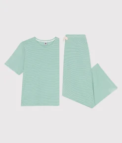 Petit Bateau Homewear|Schlafanzüge, Nachthemden*Damen-Pyjama aus Baumwolle mit weiten Beinen und Streifen grün ALOEVERA/weiss MARSHMALLOW