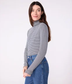 Petit Bateau Homewear|Alle Langarmshirts*Damen-Rollkragenshirt blau SMOKING/weiss MARSHMALLOW