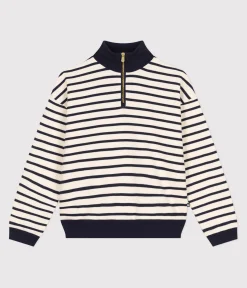 Petit Bateau Streifenshirts, Pullover, Cardigans*Damen-Sweatshirt mit Reißverschluss-Stehkragen aus aufgerautem Molton weiss AVALANCHE/blau SMOKING