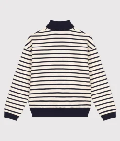 Petit Bateau Streifenshirts, Pullover, Cardigans*Damen-Sweatshirt mit Reißverschluss-Stehkragen aus aufgerautem Molton weiss AVALANCHE/blau SMOKING