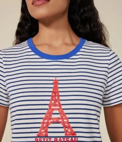 Petit Bateau Alle T-Shirts|Das Gerade (Regular)*Damen-T-Shirt LE DROIT mit Rundhalsausschnitt aus Baumwolle weiss MARSHMALLOW/blau MEDIEVAL