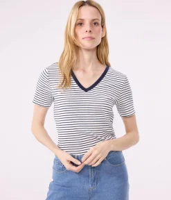 Petit Bateau Alle T-Shirts|Das Ikonische (Slim)*Damen-T-Shirt L'Iconique aus Baumwolle mit V-Ausschnitt, gestreift weiss MARSHMALLOW/blau SMOKING