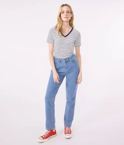 Petit Bateau Alle T-Shirts|Das Ikonische (Slim)*Damen-T-Shirt L'Iconique aus Baumwolle mit V-Ausschnitt, gestreift weiss MARSHMALLOW/blau SMOKING