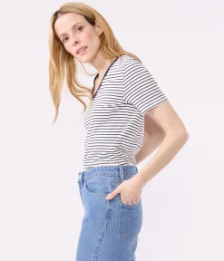 Petit Bateau Alle T-Shirts|Das Ikonische (Slim)*Damen-T-Shirt L'Iconique aus Baumwolle mit V-Ausschnitt, gestreift weiss MARSHMALLOW/blau SMOKING