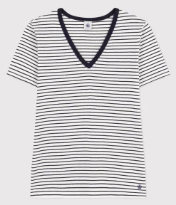 Petit Bateau Alle T-Shirts|Das Ikonische (Slim)*Damen-T-Shirt L'Iconique aus Baumwolle mit V-Ausschnitt, gestreift weiss MARSHMALLOW/blau SMOKING