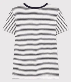 Petit Bateau Alle T-Shirts|Das Ikonische (Slim)*Damen-T-Shirt L'Iconique aus Baumwolle mit V-Ausschnitt, gestreift weiss MARSHMALLOW/blau SMOKING