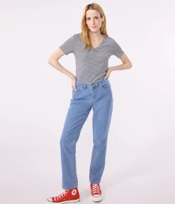 Petit Bateau Alle T-Shirts|Das Ikonische (Slim)*Damen-T-Shirt L'Iconique aus Baumwolle mit V-Ausschnitt, gestreift blau SMOKING/weiss MARSHMALLOW