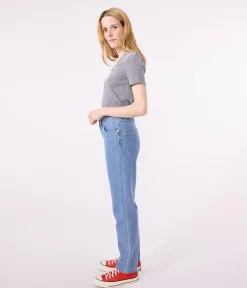Petit Bateau Alle T-Shirts|Das Ikonische (Slim)*Damen-T-Shirt L'Iconique aus Baumwolle mit V-Ausschnitt, gestreift blau SMOKING/weiss MARSHMALLOW