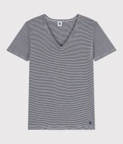 Petit Bateau Alle T-Shirts|Das Ikonische (Slim)*Damen-T-Shirt L'Iconique aus Baumwolle mit V-Ausschnitt, gestreift blau SMOKING/weiss MARSHMALLOW