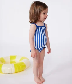 Petit Bateau Bademode, Uv-Kleidung*Einteiliger Baby-Badeanzug mit Streifenmuster und Rüschen blau SURF/weiss MARSHMALLOW
