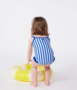 Petit Bateau Bademode, Uv-Kleidung*Einteiliger Baby-Badeanzug mit Streifenmuster und Rüschen blau SURF/weiss MARSHMALLOW