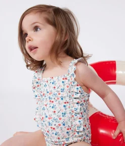 Petit Bateau Bademode, Uv-Kleidung*Einteiliger Baby-Badeanzug mit Rüschen und Blumenmuster weiss MARSHMALLOW/weiss MULTICO