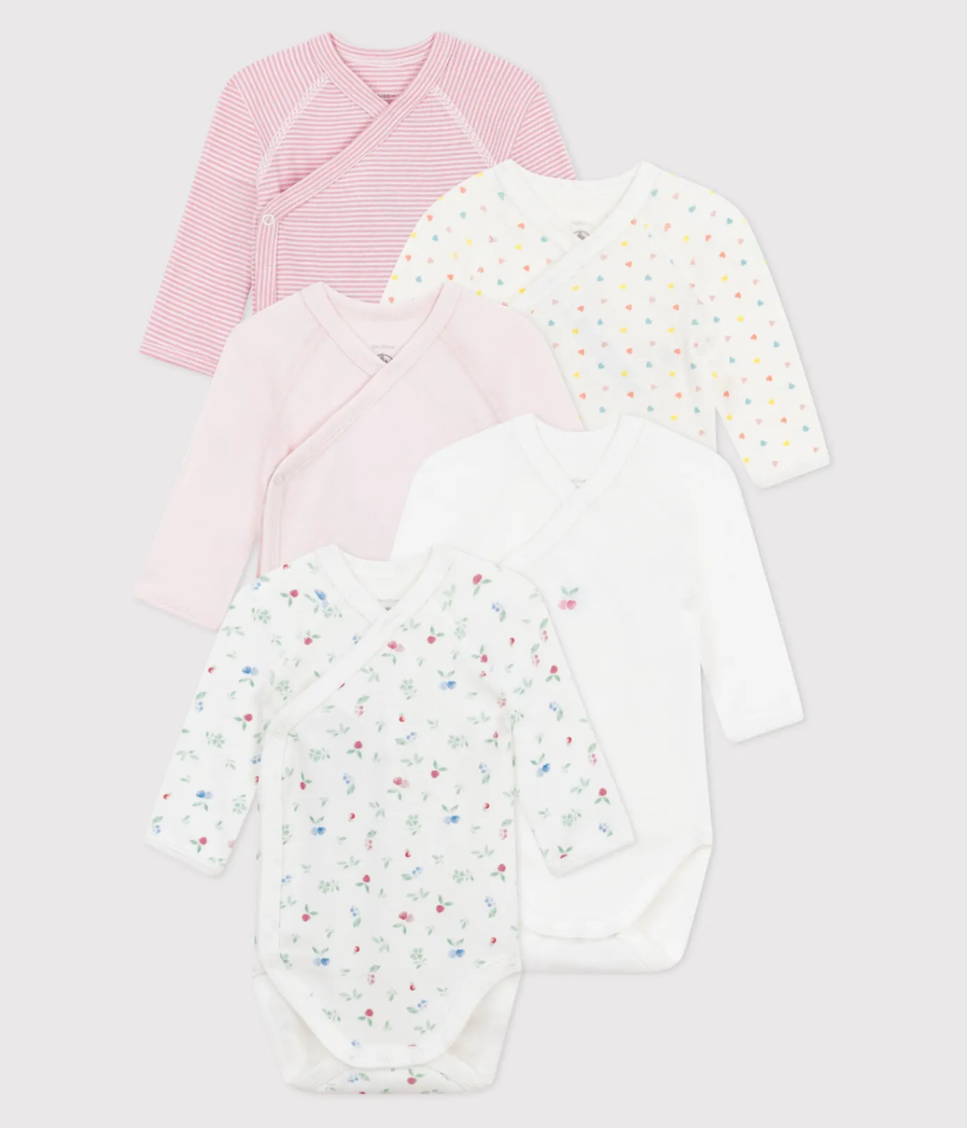 Petit Bateau Bodys|Newborn*5er-Set langärmelige Wickelbodys aus bedruckter Baumwolle variante 1