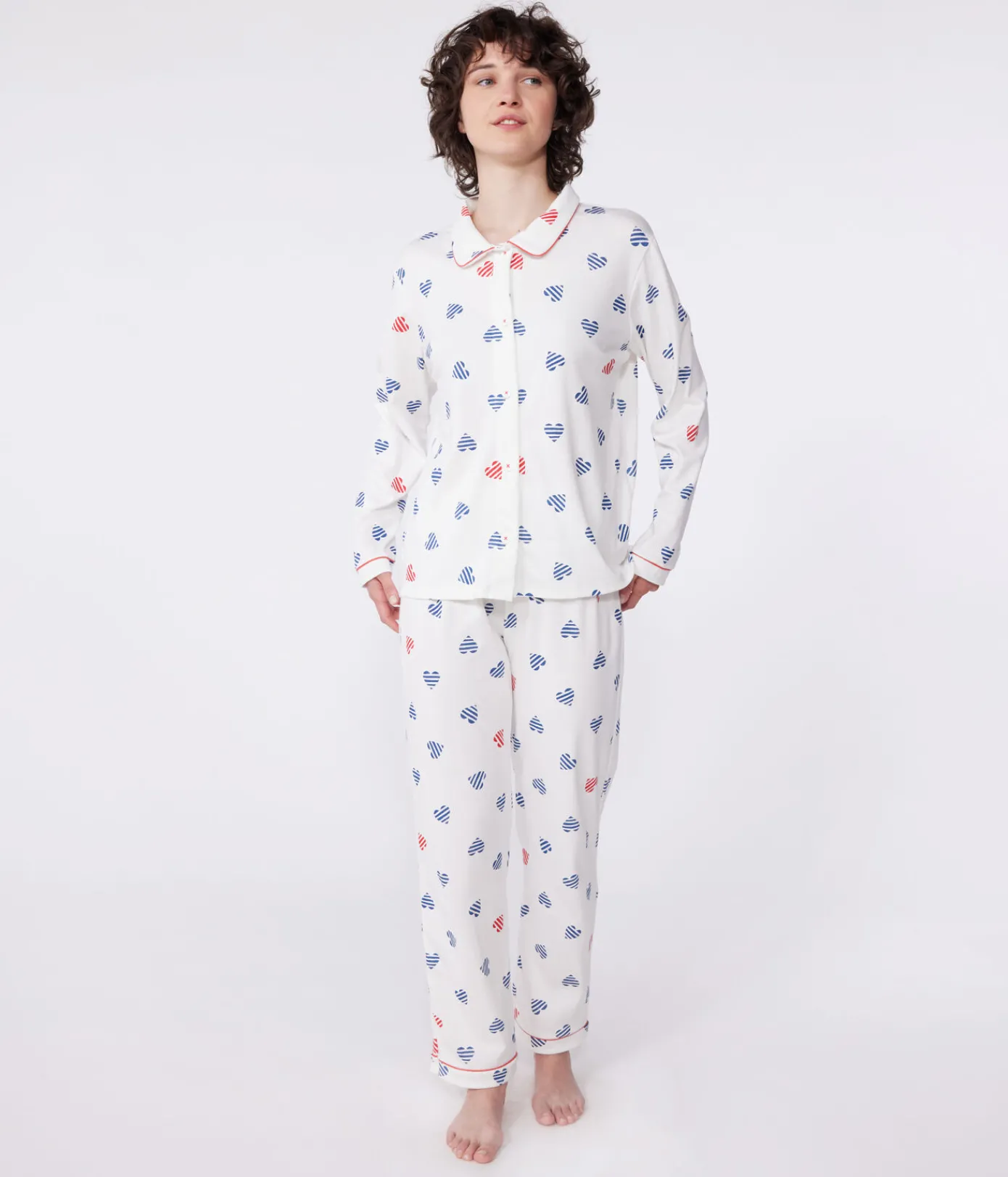 Petit Bateau Homewear|Schlafanzüge, Nachthemden*Geknöpfter Damen-Schlafanzug aus Baumwolle mit Herz-Print weiss MARSHMALLOW/weiss MULTICO