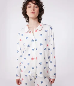 Petit Bateau Homewear|Schlafanzüge, Nachthemden*Geknöpfter Damen-Schlafanzug aus Baumwolle mit Herz-Print weiss MARSHMALLOW/weiss MULTICO