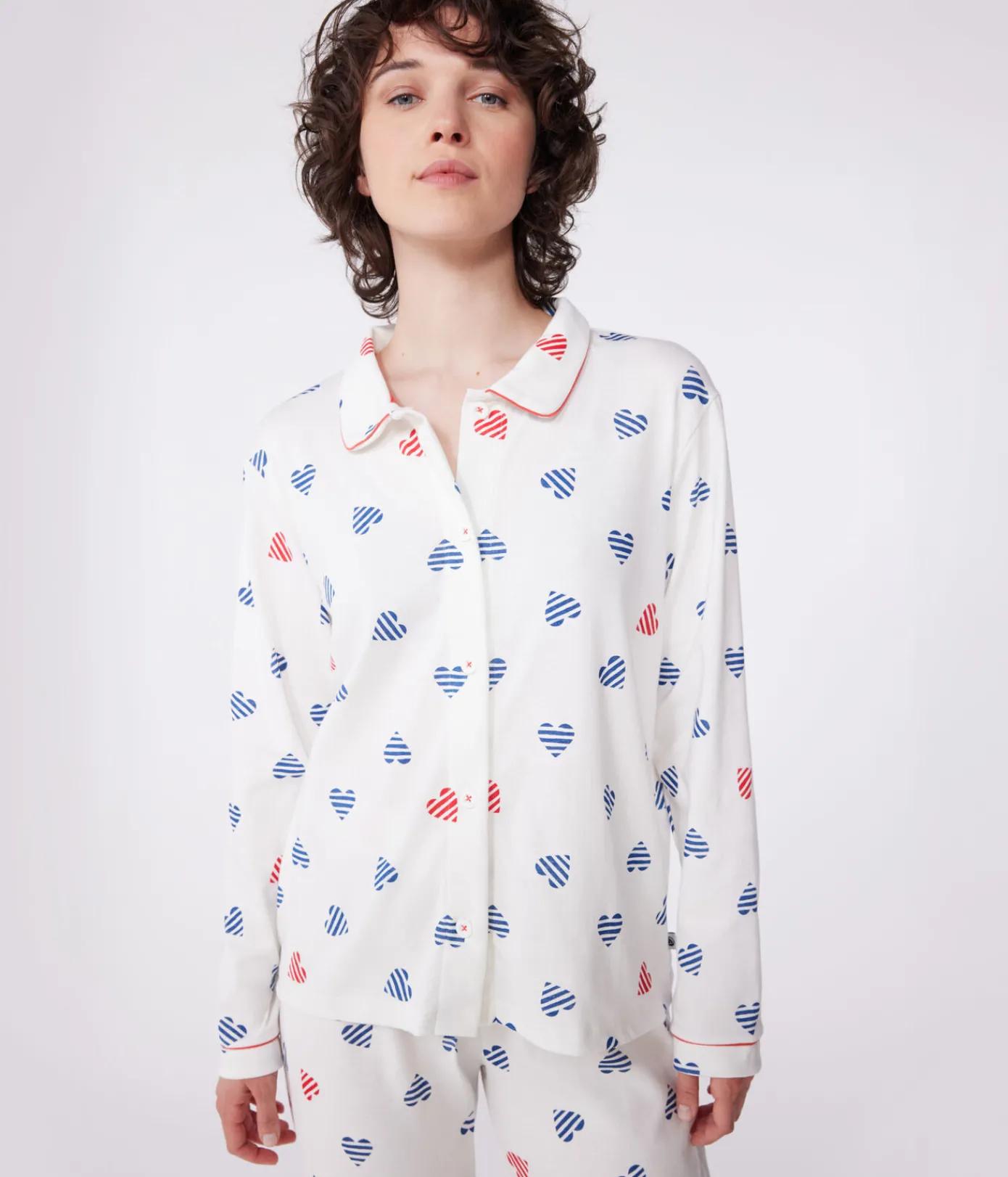 Petit Bateau Homewear|Schlafanzüge, Nachthemden*Geknöpfter Damen-Schlafanzug aus Baumwolle mit Herz-Print weiss MARSHMALLOW/weiss MULTICO