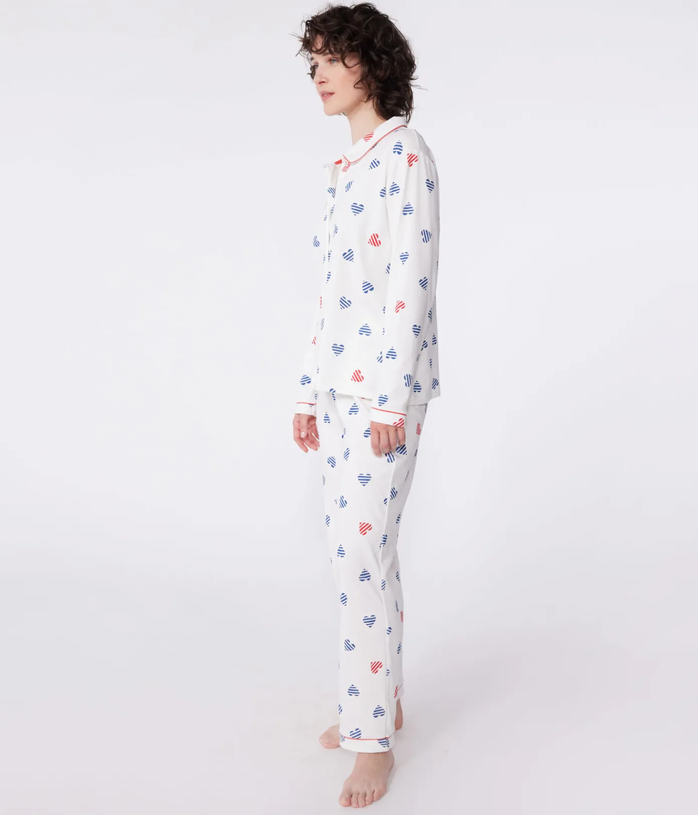 Petit Bateau Homewear|Schlafanzüge, Nachthemden*Geknöpfter Damen-Schlafanzug aus Baumwolle mit Herz-Print weiss MARSHMALLOW/weiss MULTICO
