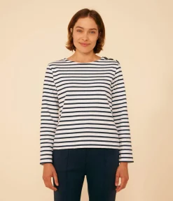 Petit Bateau Streifenshirts, Pullover, Cardigans*Geknöpftes Damen-Streifenshirt weiss MARSHMALLOW/blau SMOKING
