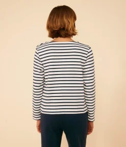 Petit Bateau Streifenshirts, Pullover, Cardigans*Geknöpftes Damen-Streifenshirt weiss MARSHMALLOW/blau SMOKING