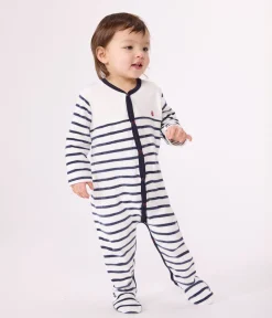 Petit Bateau Schlafanzüge, Strampler*Gestreifter Baby-Pyjama aus Samt weiss MARSHMALLOW/blau SMOKING