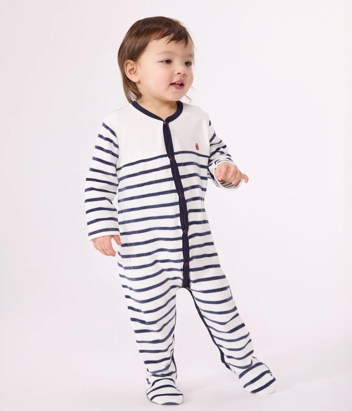 Petit Bateau Schlafanzüge, Strampler*Gestreifter Baby-Pyjama aus Samt weiss MARSHMALLOW/blau SMOKING