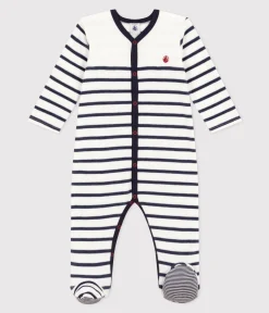 Petit Bateau Schlafanzüge, Strampler*Gestreifter Baby-Pyjama aus Samt weiss MARSHMALLOW/blau SMOKING