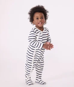 Petit Bateau Schlafanzüge, Strampler*Gestreifter Baby-Pyjama aus Rippstrick weiss MARSHMALLOW/blau SMOKING