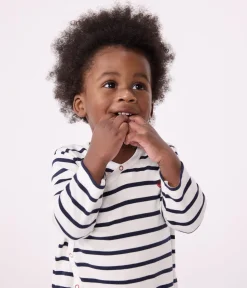Petit Bateau Schlafanzüge, Strampler*Gestreifter Baby-Pyjama aus Rippstrick weiss MARSHMALLOW/blau SMOKING