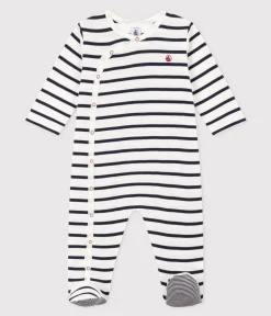 Petit Bateau Schlafanzüge, Strampler*Gestreifter Baby-Pyjama aus Rippstrick weiss MARSHMALLOW/blau SMOKING