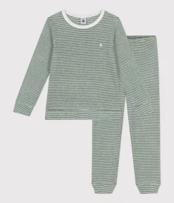 Petit Bateau Schlafanzüge, Pyjamas|Schlafanzüge, Nachthemden*Gestreifter Kinder-Pyjama aus aufgerautem Molton CROCO/ MARSHMALLOW