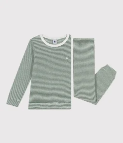 Petit Bateau Schlafanzüge, Pyjamas|Schlafanzüge, Nachthemden*Gestreifter Kinder-Pyjama aus aufgerautem Molton CROCO/ MARSHMALLOW