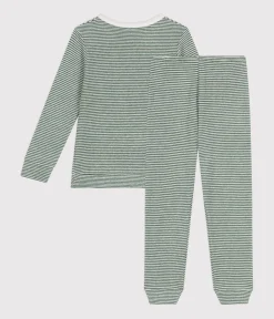 Petit Bateau Schlafanzüge, Pyjamas|Schlafanzüge, Nachthemden*Gestreifter Kinder-Pyjama aus aufgerautem Molton CROCO/ MARSHMALLOW