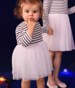 Petit Bateau Kleider*Gestreiftes Baby-Kleid aus Doppeljersey und Tüll weiss MARSHMALLOW/weiss MULTICO