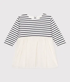 Petit Bateau Kleider*Gestreiftes Baby-Kleid aus Doppeljersey und Tüll weiss MARSHMALLOW/weiss MULTICO