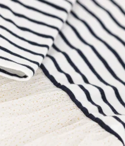 Petit Bateau Kleider*Gestreiftes Baby-Kleid aus Doppeljersey und Tüll weiss MARSHMALLOW/weiss MULTICO