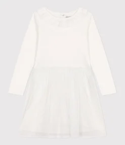 Petit Bateau Kleider, Röcke*Kinder Kleid aus Rippstrick und Tüll für Mädchen weiss MARSHMALLOW