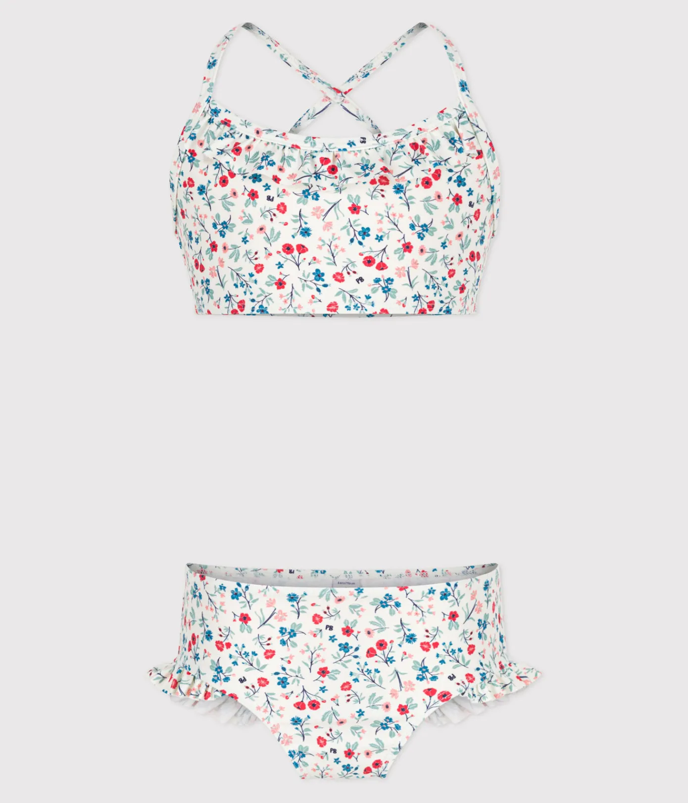 Petit Bateau Bademode, Uv-Kleidung*Kinder-Bikini mit Blumenmuster weiss MARSHMALLOW/weiss MULTICO
