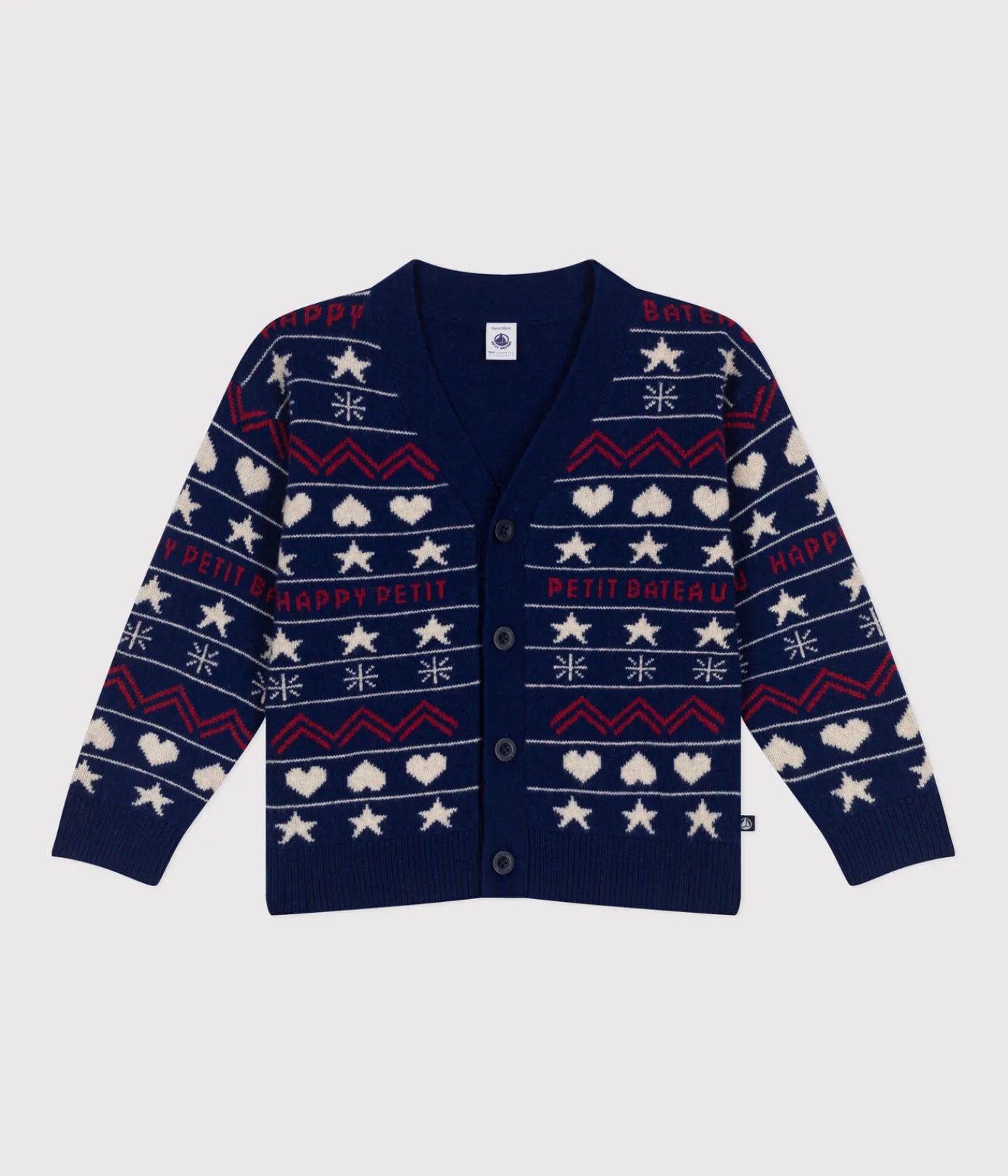 Petit Bateau Sweatshirts, Pullover, Cardigans*Kinder-Cardigan aus Woll- und Baumwoll-Jacquard für Jungen blau MEDIEVAL/weiss MULTICO