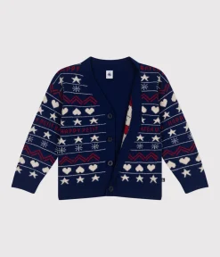 Petit Bateau Sweatshirts, Pullover, Cardigans*Kinder-Cardigan aus Woll- und Baumwoll-Jacquard für Jungen blau MEDIEVAL/weiss MULTICO