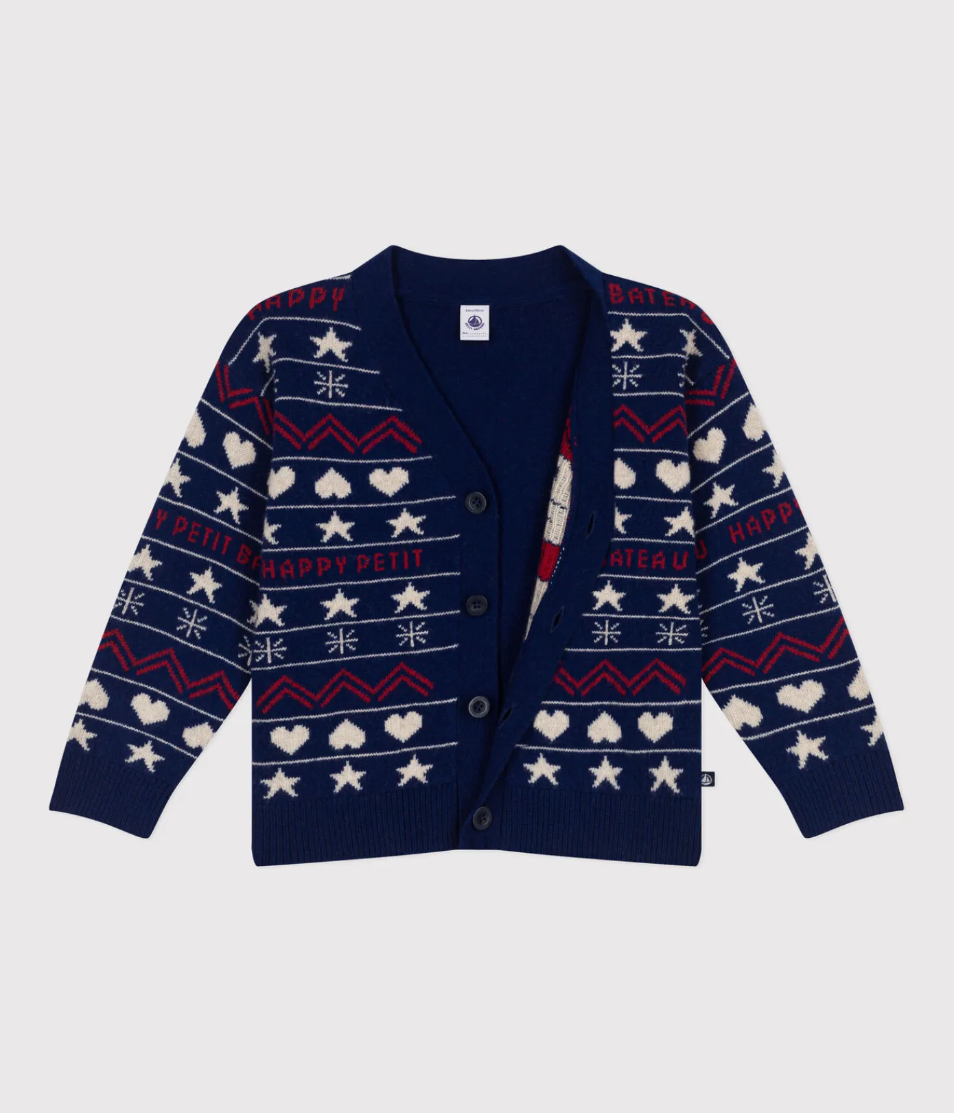 Petit Bateau Sweatshirts, Pullover, Cardigans*Kinder-Cardigan aus Woll- und Baumwoll-Jacquard für Jungen blau MEDIEVAL/weiss MULTICO