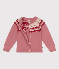Petit Bateau Sweatshirts, Pullover, Cardigans*Kinder-Cardigan aus Woll- und Baumwoll-Jacquard für Mädchen rosa ROSEWOOD/ AVALANCHE