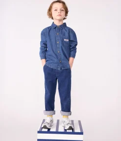 Petit Bateau T-Shirts, Poloshirts, Hemden*Kinder-Hemd aus einfarbigem Jeansstoff blau DENIM MOYEN
