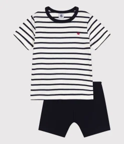 Petit Bateau Schlafanzüge, Pyjamas|Schlafanzüge, Nachthemden*Kinder-Kurzpyjama aus Baumwolle im Matrosenmuster für Jungen weiss MARSHMALLOW/blau SMOKING
