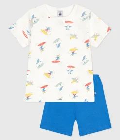 Petit Bateau Schlafanzüge, Pyjamas|Schlafanzüge, Nachthemden*Kinder-Kurzpyjama aus Baumwolle mit Surfmotiv weiss MARSHMALLOW/weiss MULTICO