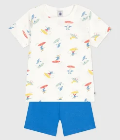 Petit Bateau Schlafanzüge, Pyjamas|Schlafanzüge, Nachthemden*Kinder-Kurzpyjama aus Baumwolle mit Surfmotiv weiss MARSHMALLOW/weiss MULTICO